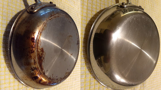 side by side image of a stainless steel pan before and after Stain Solver removed the baked on grease